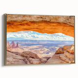 Framed canvas wall art showcasing a stunning landscape with cliffs, featuring golden accents. Ideal for modern decor, adding elegance to any room.