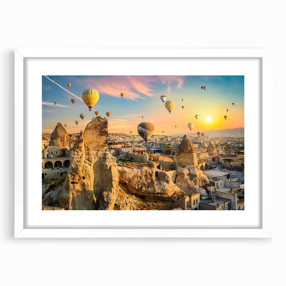 Framed wall art featuring a stunning landscape of cliffs, designed with a white mat, showcasing vibrant colors and intricate details, perfect for home decor.