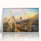 Framed acrylic wall art showcasing a stunning landscape of cliffs, featuring vibrant colors and intricate details, presented in a sleek white frame for modern decor.