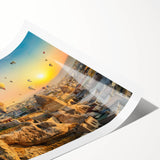 Vibrant rolled print of a dramatic cliff landscape featuring bold colors and intricate textures, ideal for modern home decor and artistic wall displays.