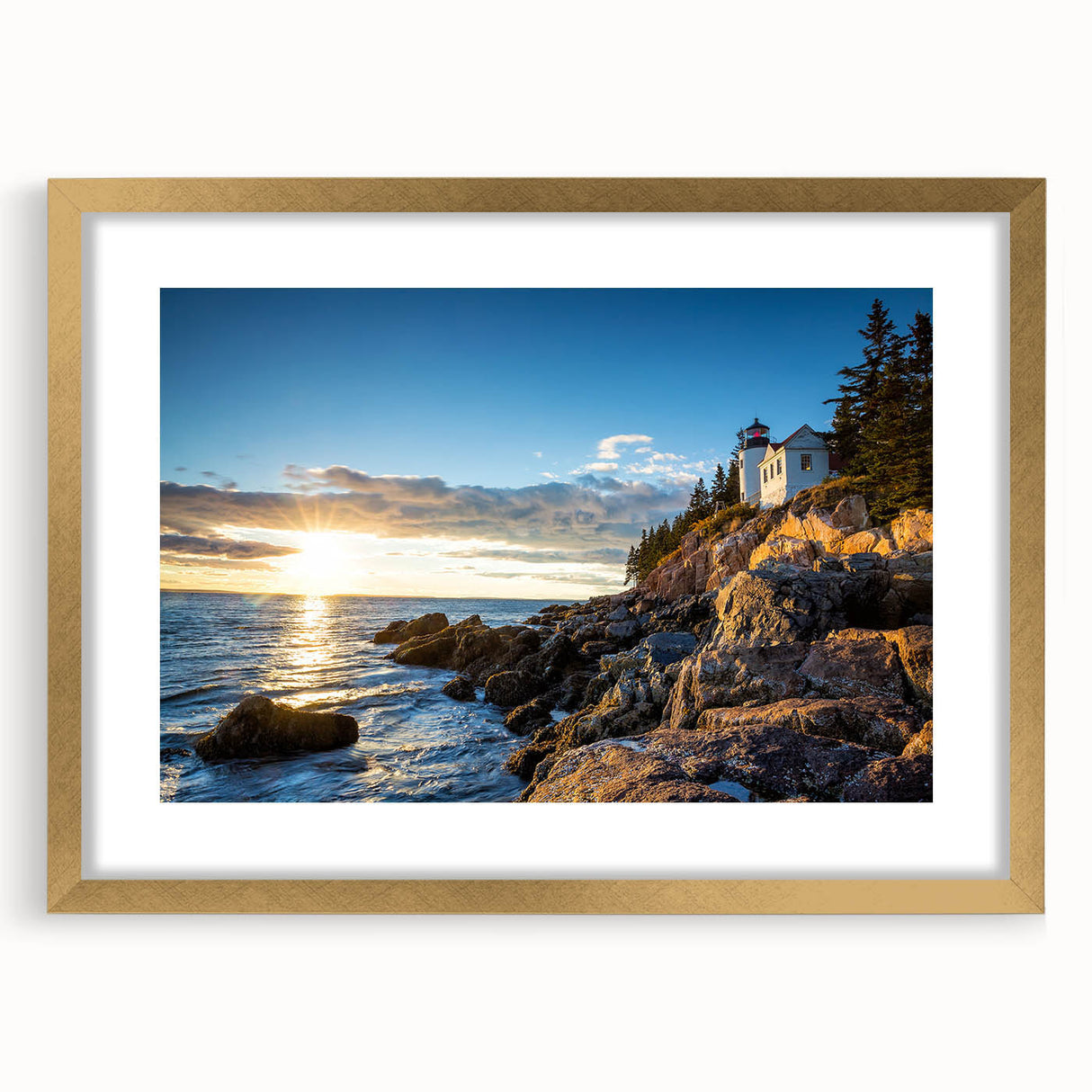 Framed wall art showcasing a scenic landscape of rugged cliffs, elegantly matted and accented with gold, enhancing any modern decor. Perfect for nature lovers.