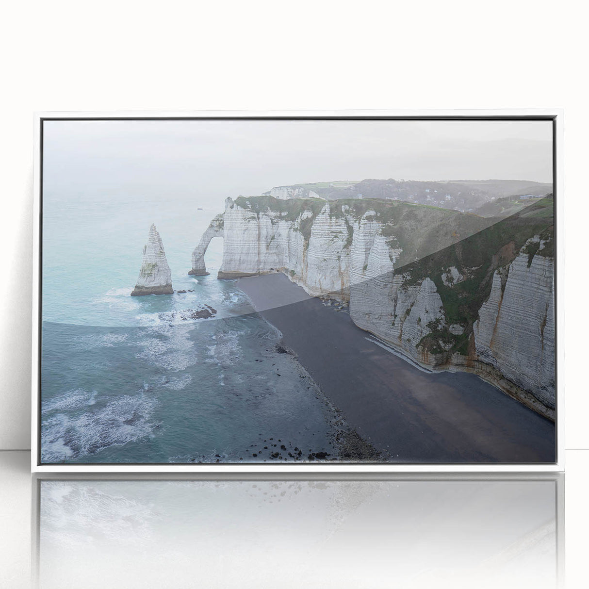 Framed acrylic wall art showcasing a stunning landscape of cliffs and ocean, featuring vibrant colors and intricate details, perfect for modern home decor.