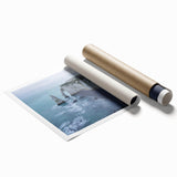 Vibrant rolled canvas print showcasing a breathtaking landscape of cliffs and ocean waves, ideal for modern home decor, packaged securely in a cardboard tube.