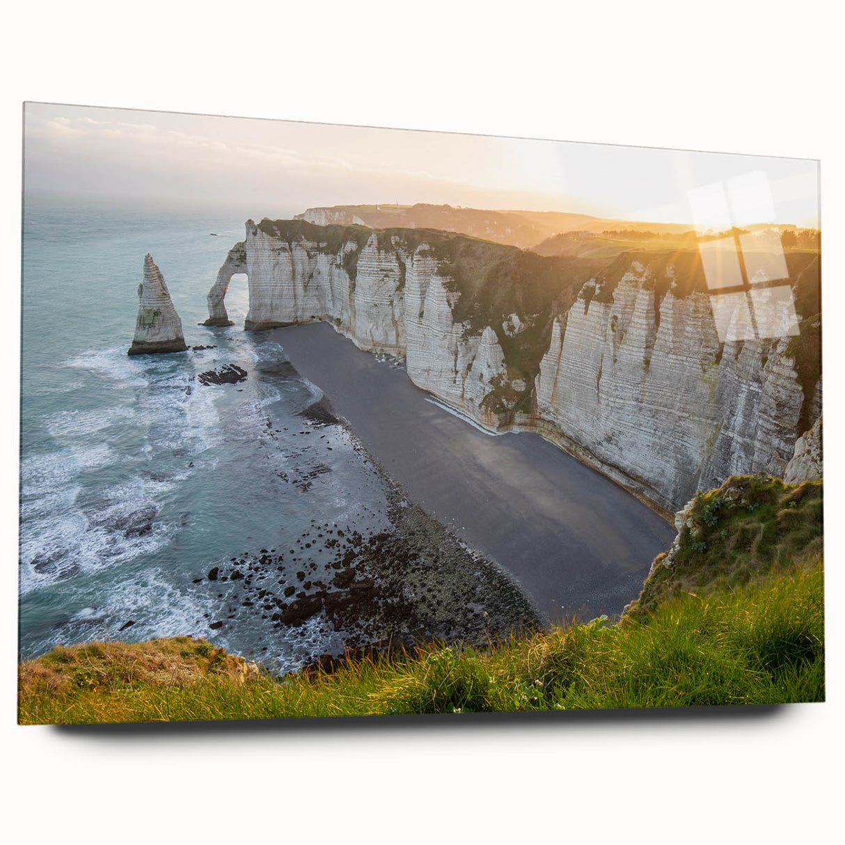 Acrylic wall art showcasing a breathtaking landscape of cliffs, featuring vibrant colors and intricate details, displayed in a sleek glass frame, perfect for modern home decor.