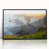 Framed acrylic wall art showcasing a stunning landscape of cliffs, featuring vibrant colors and intricate details, ideal for enhancing modern home decor.