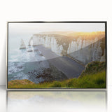 Framed acrylic wall art showcasing a stunning landscape of cliffs, featuring vibrant colors and intricate details, perfect for modern home decor.