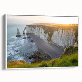 Framed wall art featuring a stunning landscape of cliffs and ocean waves, showcasing vibrant colors and intricate details, ideal for home decor and artistic aesthetics.