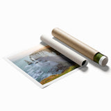 Vibrant landscape wall art featuring cliffs and dramatic skies, designed for home decor, rolled up in a protective cardboard tube for easy display.