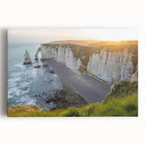 Stretched canvas artwork showcasing a vibrant landscape of cliffs and mountains, emphasizing rich colors and natural textures, perfect for enhancing interior decor.