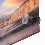 Close-up of a vibrant acrylic glass artwork showcasing a stunning landscape with dramatic cliffs, perfect for home decor enthusiasts seeking modern wall art. Ideal for adding depth and color to living spaces.