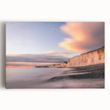 Colorful stretched canvas wall art depicting dramatic cliffs and serene landscapes, perfect for home decor, showcasing vibrant hues and intricate details.