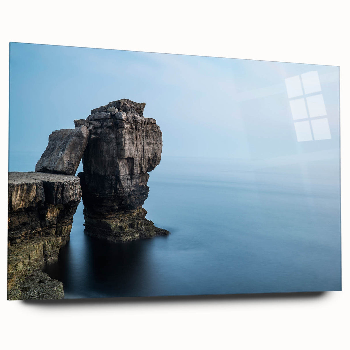 Acrylic wall art collection showcasing a vibrant abstract landscape design with cliffs, displayed from a side view. The piece features bold colors and smooth glass finish, ideal for modern home decor.