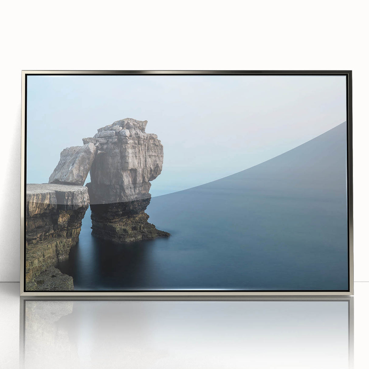 Framed acrylic wall art featuring a striking cliff landscape design in silver tones, ideal for modern home decor, showcasing intricate details and vibrant colors.