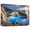 Acrylic wall art design showcasing a striking cliff landscape in vibrant colors, displayed at a side angle with push pins against a neutral backdrop. Ideal for modern home decor.