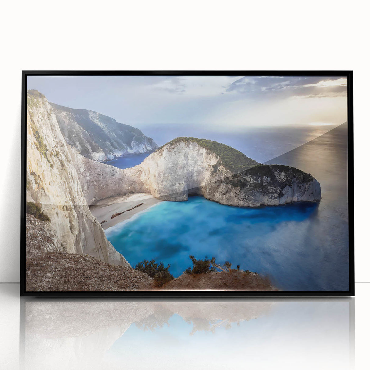 Framed acrylic wall art collection featuring a striking landscape design of cliffs, presented in a sleek black frame, ideal for modern home decor.