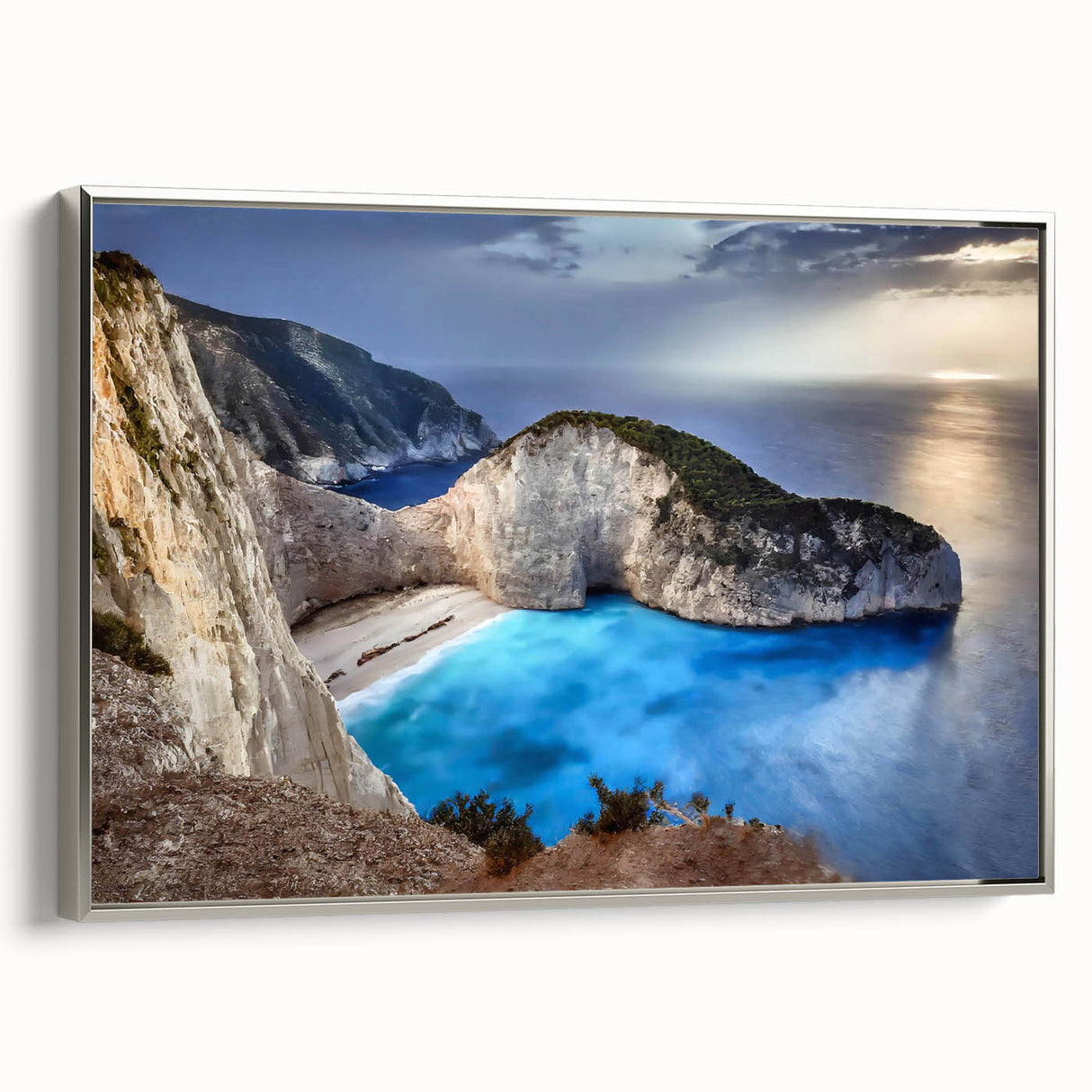 Framed canvas wall art showcasing a stunning cliff landscape design, featuring vibrant colors and a sleek silver frame, ideal for modern home decor.
