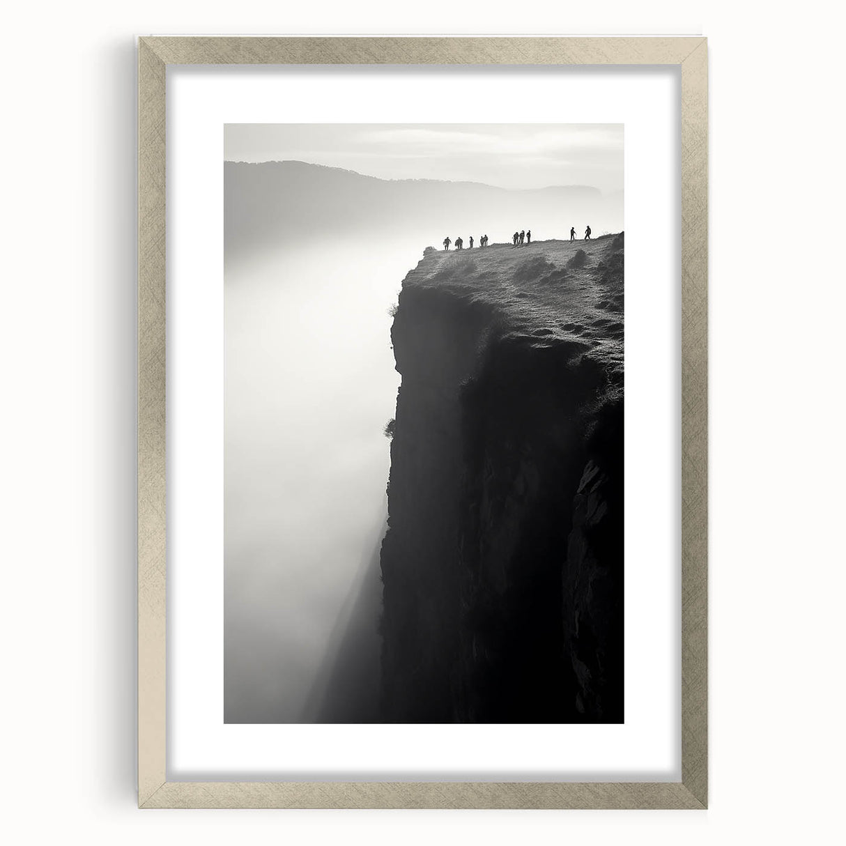 Framed wall art showcasing a stunning landscape of cliffs in a silver mat, ideal for modern decor, enhancing any room with natural beauty and elegance.