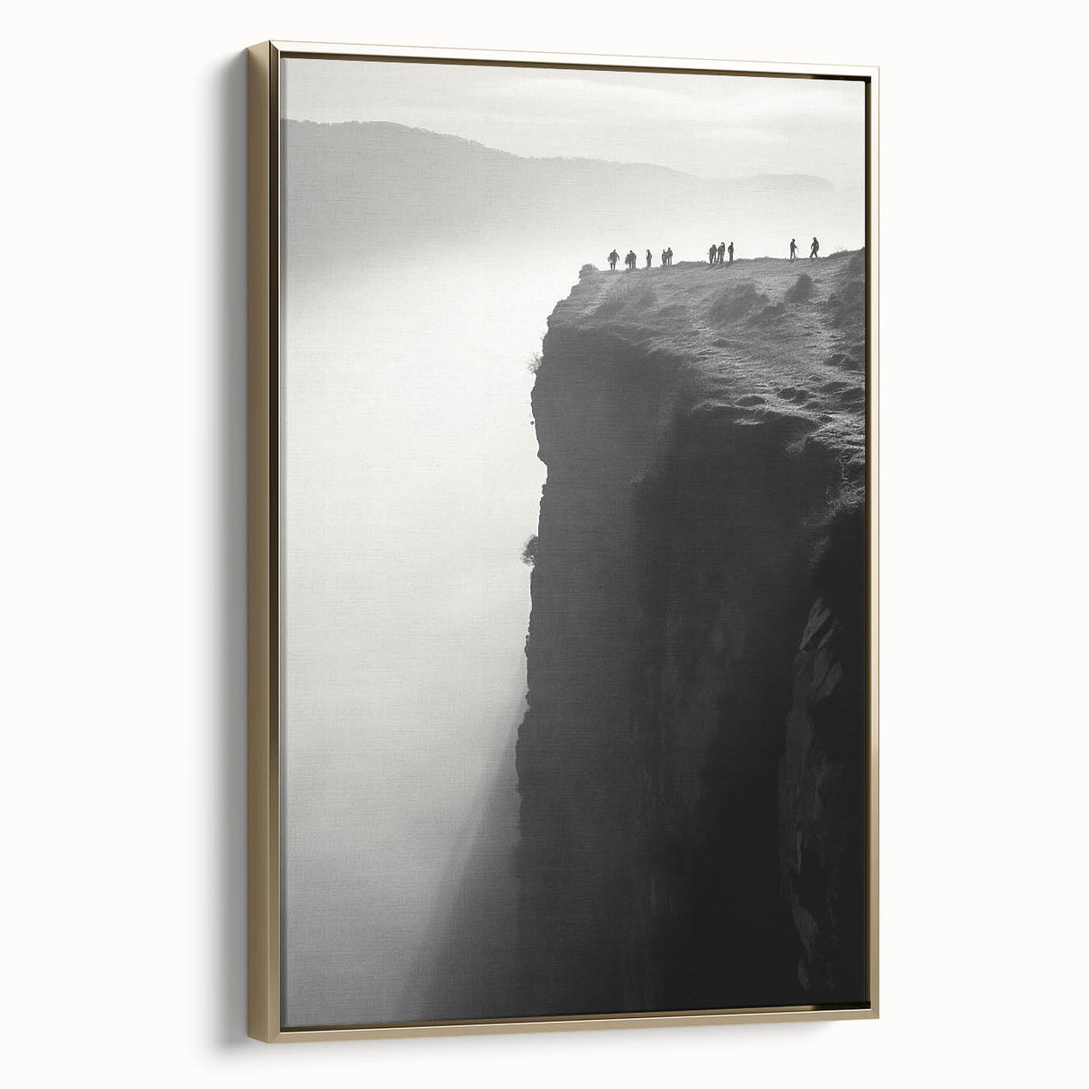 Framed wall art showcasing a stunning landscape of cliffs, featuring rich gold accents and a textured canvas surface, perfect for elegant home decor.