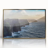 Framed acrylic wall art showcasing a stunning landscape of cliffs in gold tones, perfect for contemporary home decor, emphasizing nature's beauty and elegance.