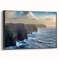 Framed canvas wall art showcasing a serene coastal landscape with dramatic cliffs and vibrant blue skies, designed in a modern style, perfect for home décor.