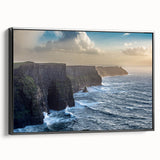 Framed canvas wall art showcasing a serene coastal landscape with dramatic cliffs and vibrant blue skies, designed in a modern style, perfect for home décor.