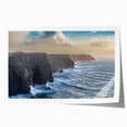 Vibrant landscape wall art print featuring dramatic cliffs and serene ocean views, rolled and ready for framing, showcasing rich colors and intricate details.