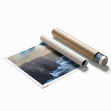 Stunning rolled print of a coastal landscape featuring rugged cliffs and vibrant ocean waves, perfect for home decor. Arrives securely packaged in a protective tube.