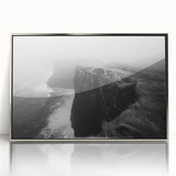 Framed acrylic wall art featuring a stunning landscape of cliffs and ocean waves, presented in silver frame, perfect for modern home decor.