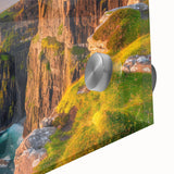 Close-up of a vibrant acrylic glass wall art piece showcasing abstract landscapes and rugged cliffs, perfect for modern home decor or office aesthetics.