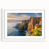 Framed wall art print showcasing a stunning landscape of cliffs, featuring vibrant colors and intricate details, set in a sleek white frame with a mat for a modern aesthetic. Perfect for enhancing any home decor.
