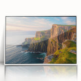 Framed acrylic wall art showcasing a stunning landscape of cliffs, featuring vibrant colors and intricate details, perfect for modern home decor.