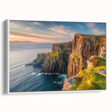 Framed canvas wall art depicting a serene landscape with cliffs and a vibrant sunset, showcasing rich colors and intricate details, perfect for modern home decor.