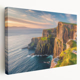 Side view of a stretched canvas wall art piece showcasing a dramatic landscape of cliffs, featuring rich colors and intricate details, perfect for home decor.