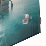 Close-up of a vibrant acrylic glass wall art piece showcasing a stunning landscape with dramatic cliffs, rich colors, and intricate details ideal for modern decor.