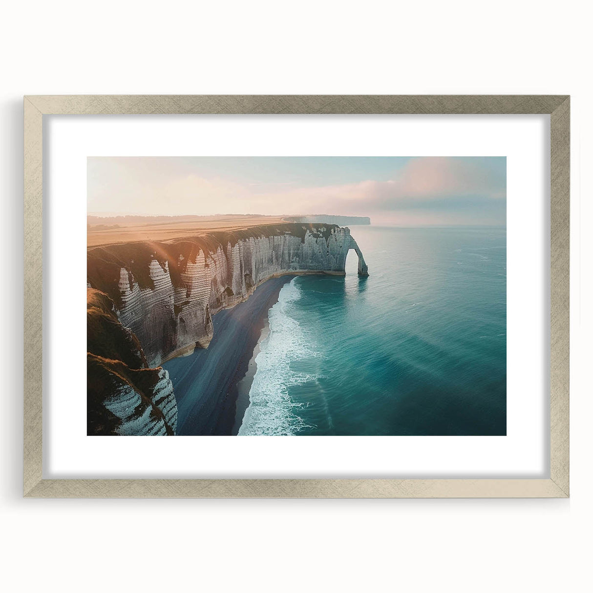 Framed silver wall art showcasing a stunning landscape of cliffs, designed with a mat for an elegant finish, perfect for home decor enhancement.