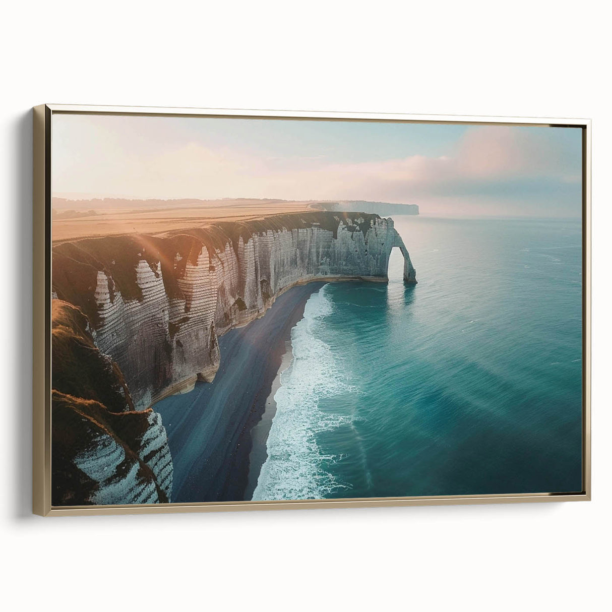 Framed canvas wall art showcasing a stunning landscape of cliffs with a gold accent, designed for elegant home decor, perfect for enhancing living spaces.