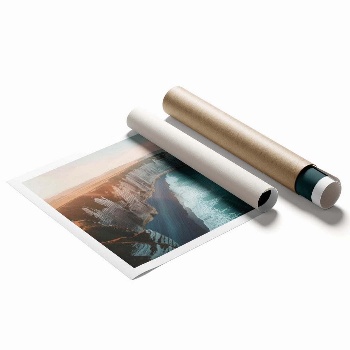Vibrant rolled print showcasing a stunning cliffside landscape with rich colors and intricate details, perfect for home decor or art collection.