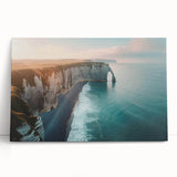 Stretched canvas wall art depicting a serene landscape of cliffs and ocean waves, showcasing vibrant colors and textures, ideal for modern home decor.