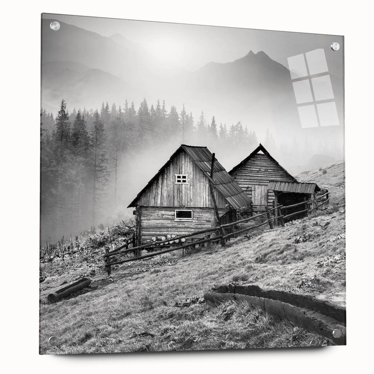 Acrylic glass wall art showcasing a scenic countryside landscape, featuring vibrant colors and intricate details, displayed with decorative pins against a minimalist backdrop. This design adds a touch of nature-inspired elegance to any interior space.