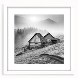 Framed wall art depicting a serene countryside landscape design, featuring vibrant green fields and a clear blue sky, accented by a sleek white mat and frame. Ideal for home decor.