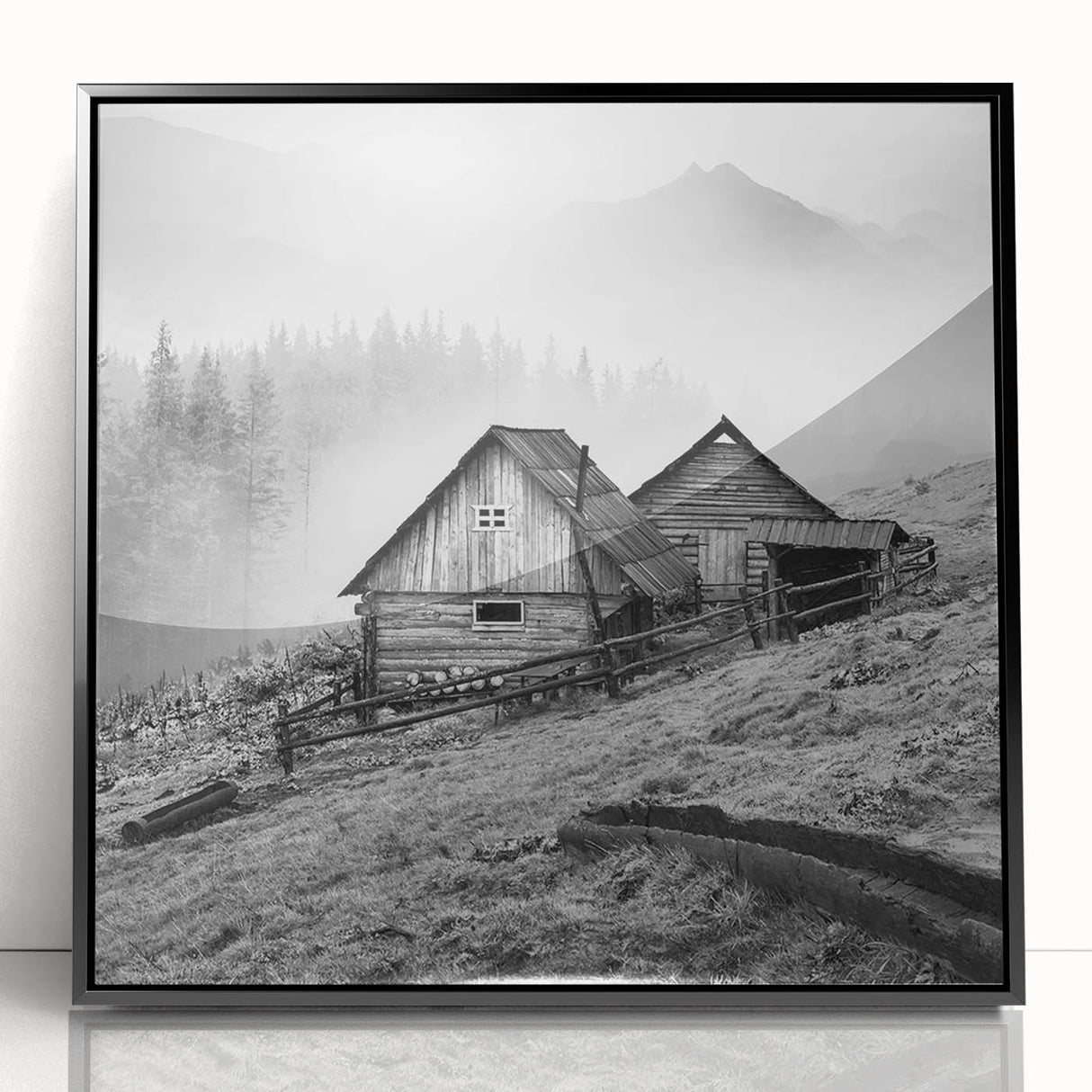 Framed acrylic wall art showcasing a serene countryside landscape design in vibrant colors, featuring a black frame that enhances the artwork's elegance.