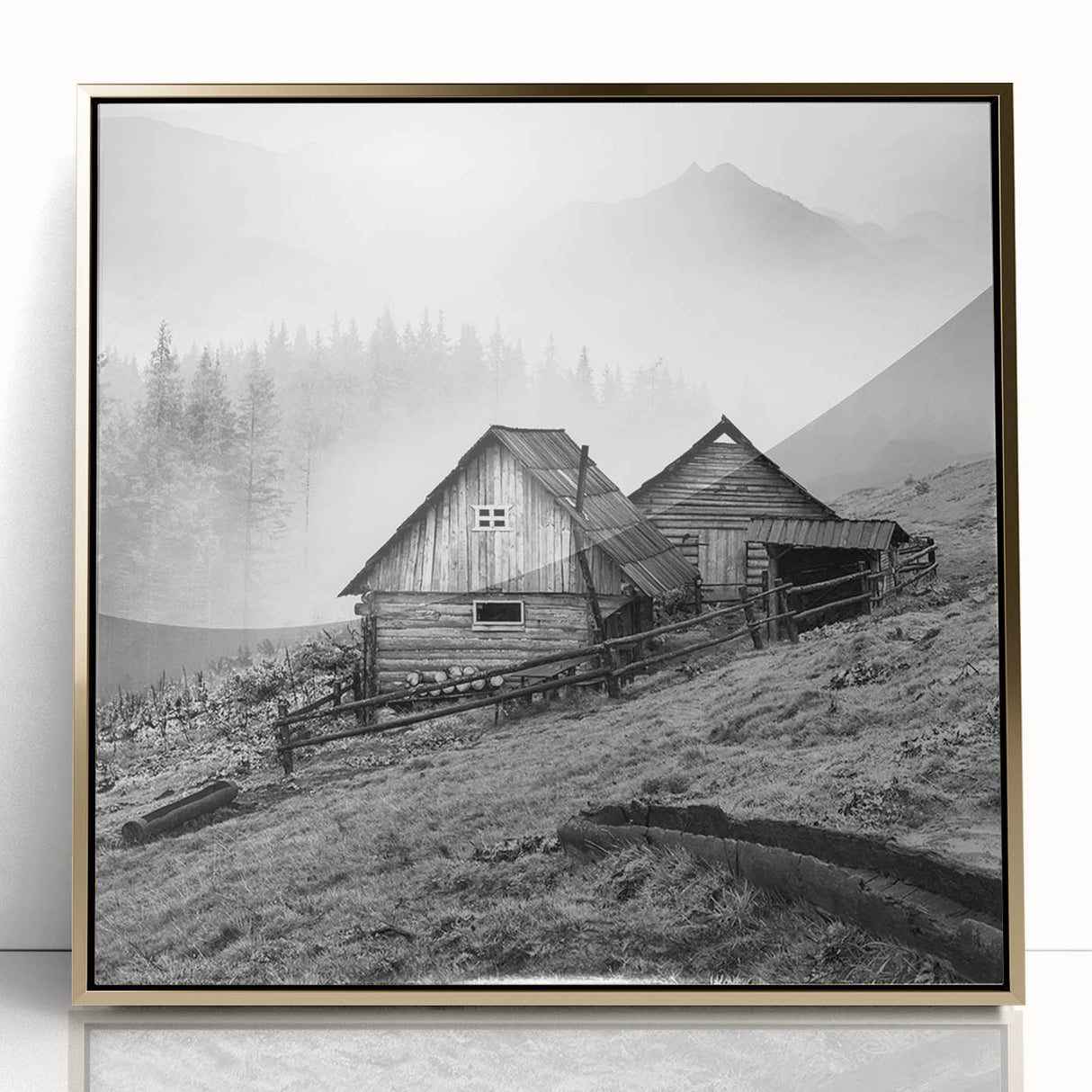 Framed wall art featuring a serene countryside landscape, showcasing rolling hills, lush greenery, and a sunset glow, with a gold-accented acrylic frame enhancing its elegance. Perfect for home decor, this piece adds a touch of nature-inspired tranquility to any room.