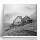 Framed wall art showcasing a serene countryside landscape design, featuring vibrant green fields, a bright blue sky, and rustic farmhouse elements, perfect for home decor.