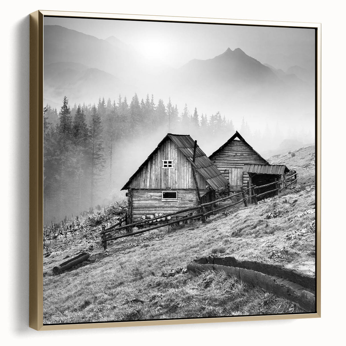 Framed canvas wall art depicting a serene countryside landscape with vibrant green fields, golden sunlight, and soft clouds, perfect for home decor.