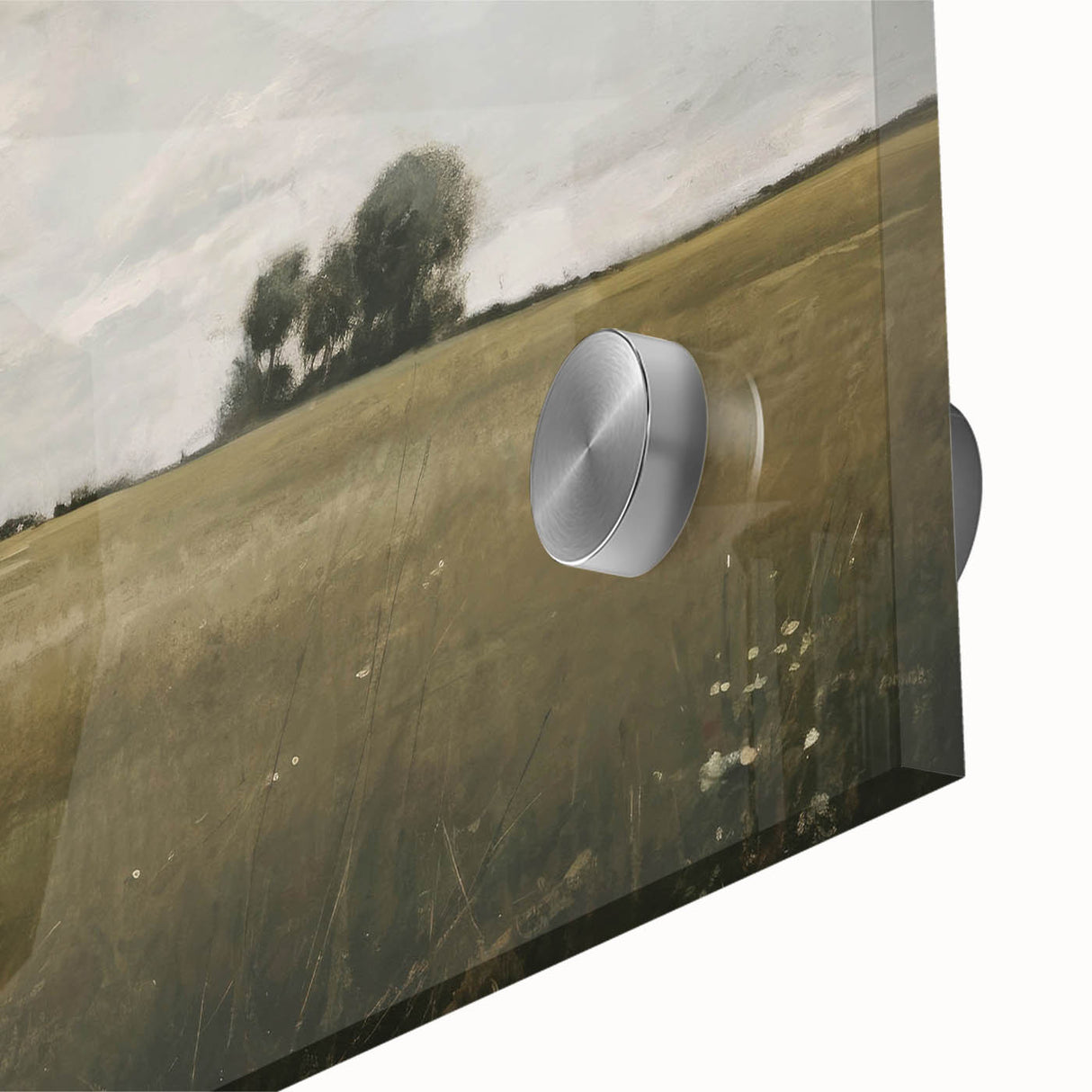 Vibrant close-up of a countryside landscape wall art piece showcasing lush green fields and a serene blue sky, designed with acrylic glass for a modern touch.