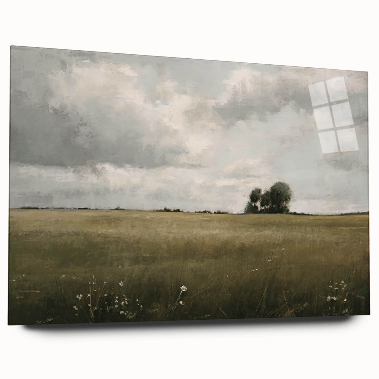 Acrylic glass wall art collection showcasing a serene countryside landscape design, featuring vibrant green fields and a clear blue sky, ideal for home decor.