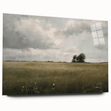 Acrylic glass wall art collection showcasing a serene countryside landscape design, featuring vibrant green fields and a clear blue sky, ideal for home decor.