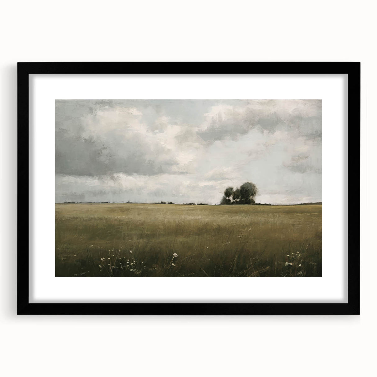 Framed wall art collection showcasing a picturesque countryside landscape with vibrant greens and blues, featuring a sleek black frame and mat. Perfect for home decor.