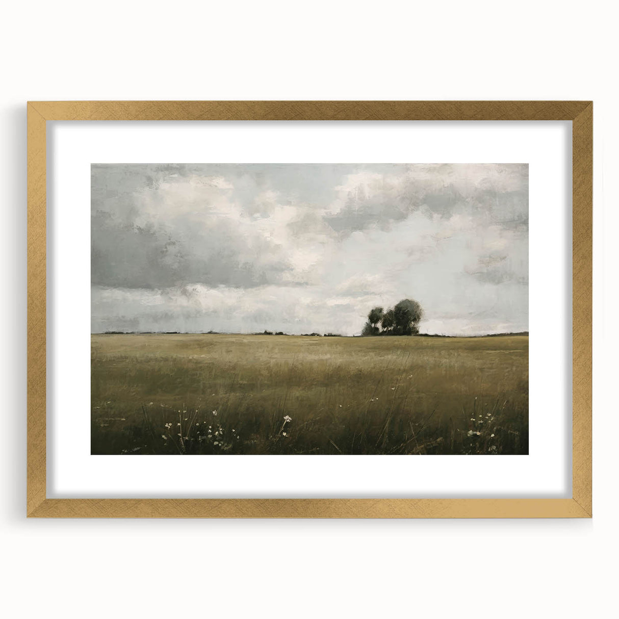 Framed wall art showcasing a scenic countryside landscape with vibrant colors, elegantly displayed in a gold frame with a white mat, ideal for home decor.