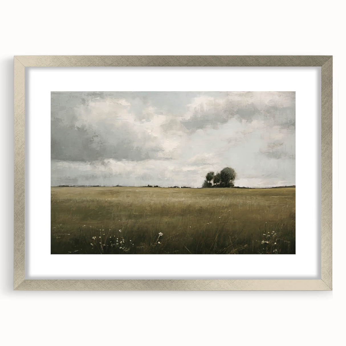 Framed wall art collection showcasing a serene countryside landscape design with a silver mat, perfect for home decor to enhance any living space.
